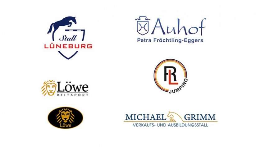 Logos für unsere Pferdesport Kunden: Stall Lüneburg, Auhof, Reitsport Löwe, Riad Landoulsi und Michael Grimm.